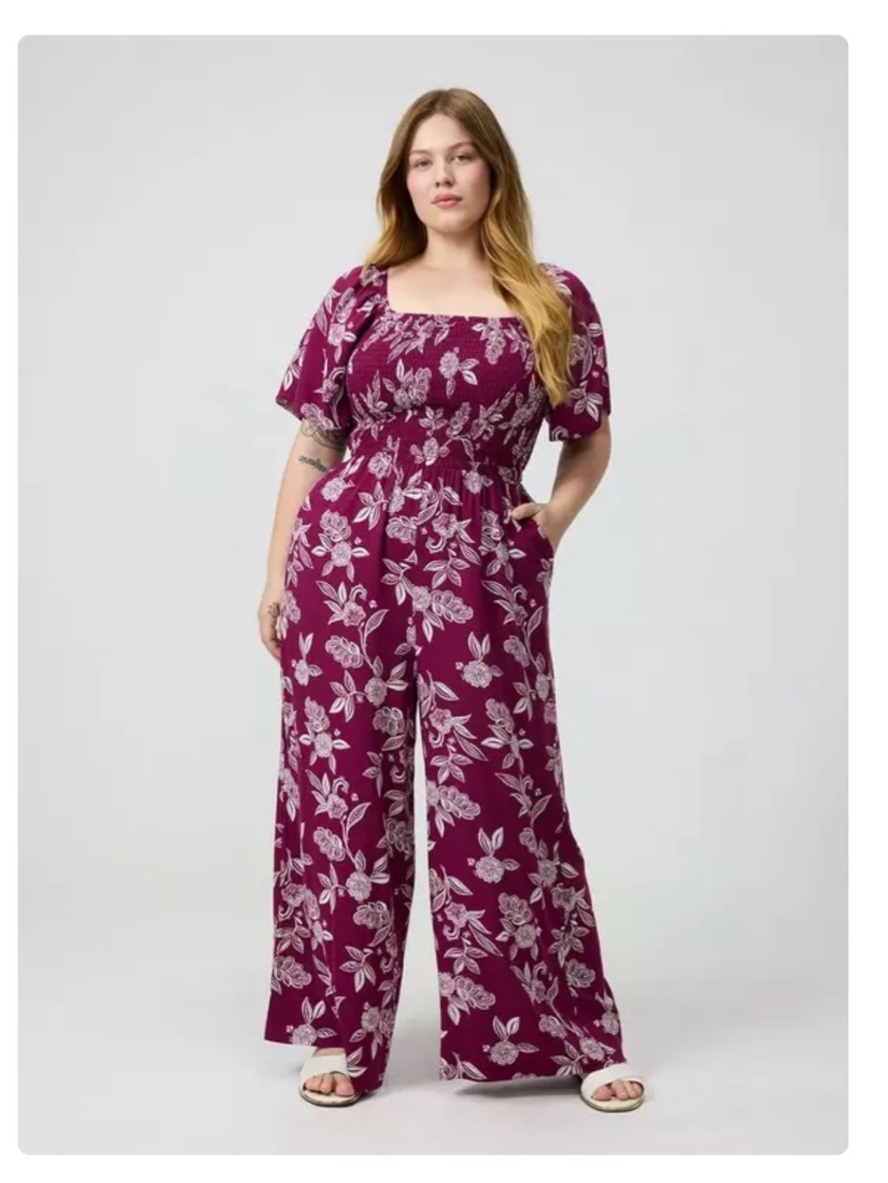 Torrid Plus Floral Square-Neck Jumpsuit in Berry